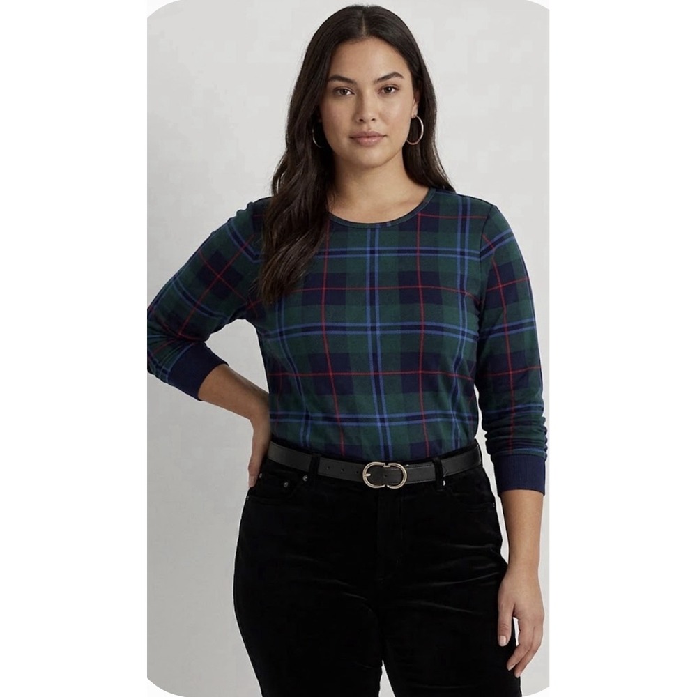 Lauren Ralph Lauren Plaid Stretch Long Sleeve Tee In Green Blue & Red Size 2X